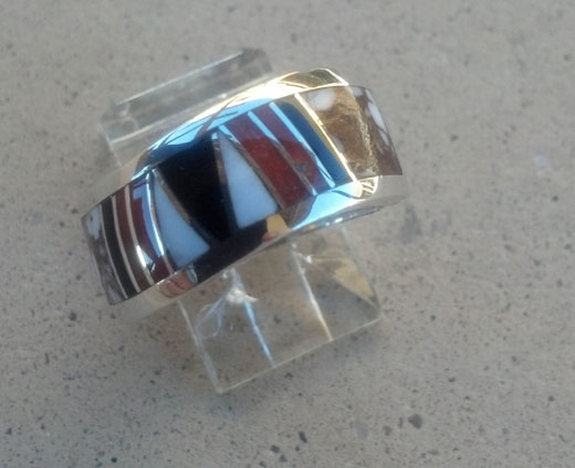 Navajo Silver Ring inlayed with Magnasite, Red Coral, White shell and Black Onyx