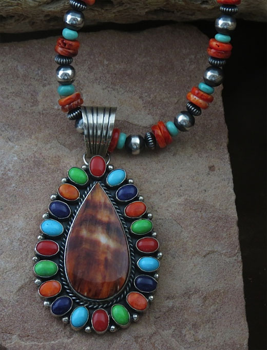 Navajo Solid Sterling Silver Multi Color Stones Pendant