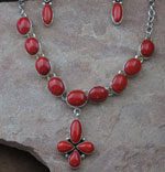 Genuine Navajo Sterling Silver Red Coral Necklace, Earring Set
