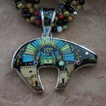 Genuine Navajo Sterling Silver Multi Stone Beads Necklace and Bear Pendant