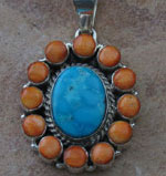 Genuine Navajo Sterling Silver Pendant- Turquoise and Orange Spiny Oyster