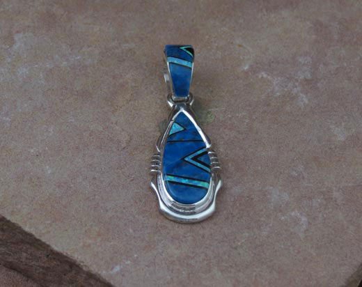 Navajo Solid Sterling Silver Denim Lapis, Cultured Opal and Jet Pendant