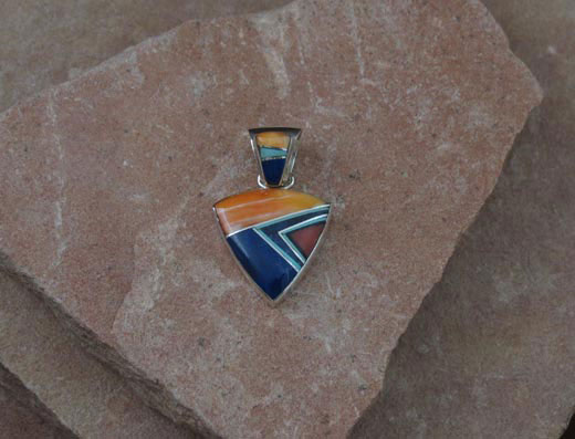 Navajo Solid Sterling Silver Turquoise, Spiny Oyster, Coral and Lapis Pendant