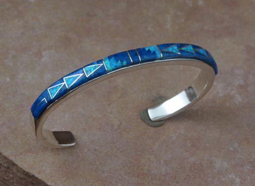 Sterling Silver Navajo Bracelet, Denim Lapis and Cultured Opal