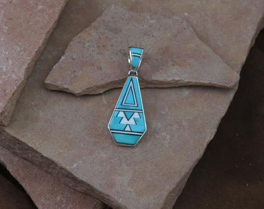 Navajo Solid Sterling Silver Sleeping Beauty Turquoise, Cultured Opal and Jet Pendant