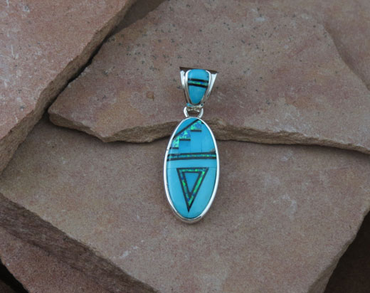 Navajo Solid Sterling Silver Sleeping Beauty Turquoise, Cultured Opal and Jet Pendant