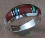 Genuine Navajo Sterling Silver Ring Red Coral, Cultured Opal and Black Onyx