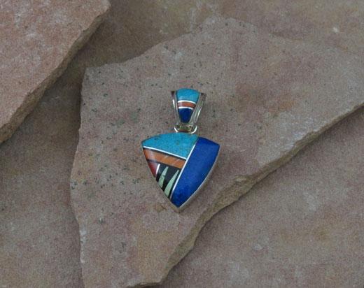 Navajo Solid Sterling Silver Turquoise, Oyster, Shell, Coral, and Lapis Pendant