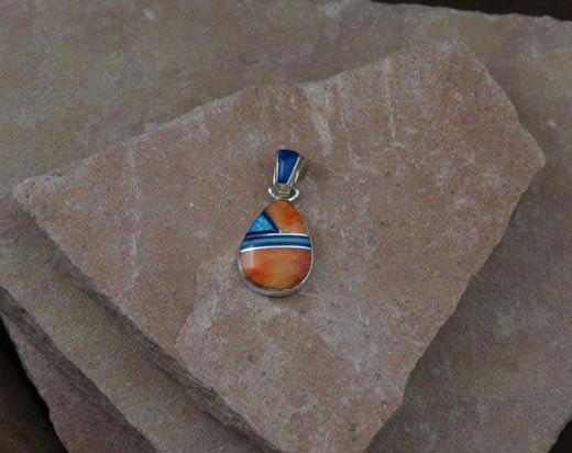 Navajo Solid Sterling Silver Turquoise, Oyster, Shell, Coral, and Lapis Pendant