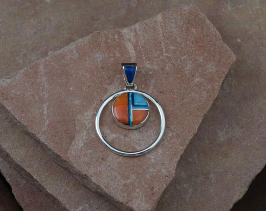 Navajo Solid Sterling Silver Turquoise, Spiny Oyster, Opal and Lapis Pendant