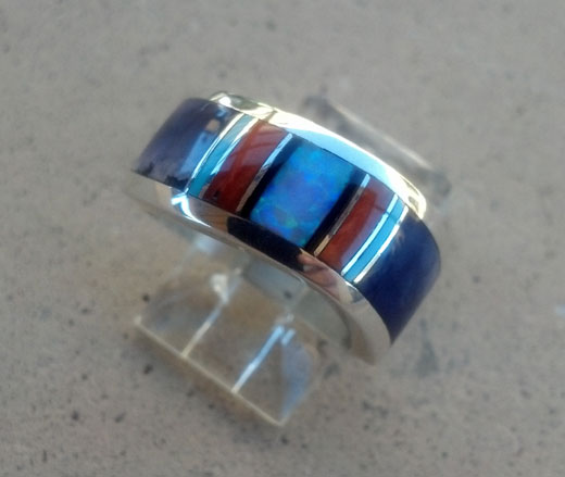 Navajo Silver Ring inlayed with Lapis, Turquoise, Cultured Opal, Red Coral and Black Onyx