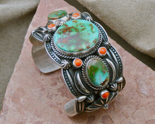 Sterling Silver and Kings Manassa Turquoise, Orange Spiny Oyster Shell Bracelet