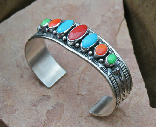 Sterling Silver and Red Coral, Natural Sleeping Beauty Turquoise, Orange Spiny Oyster Shell and Gaspeite Bracelet