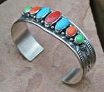 Turquoise, Coral, Gaspeite Bracelet in solid sterling silver