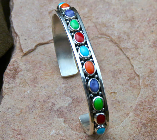 Sterling Silver and Orange, Purple Spiny Oyster, Coral, Gaspeite, Turquoise Bracelet