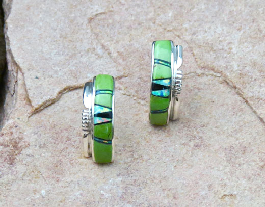 Sterling Silver Black Jet, Cultured Opal and Gaspeite hoop Earrings