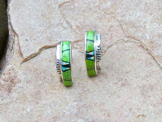 Sterling Silver Black Jet, Cultured 
      Opal and Gaspeite hoop Earrings