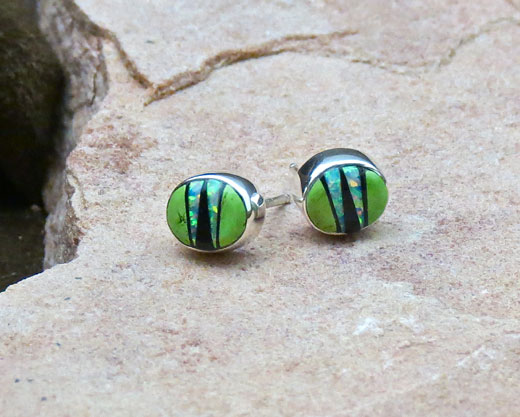 Sterling Silver Black Jet, cultured Opal, Gaspeite Post Earrings