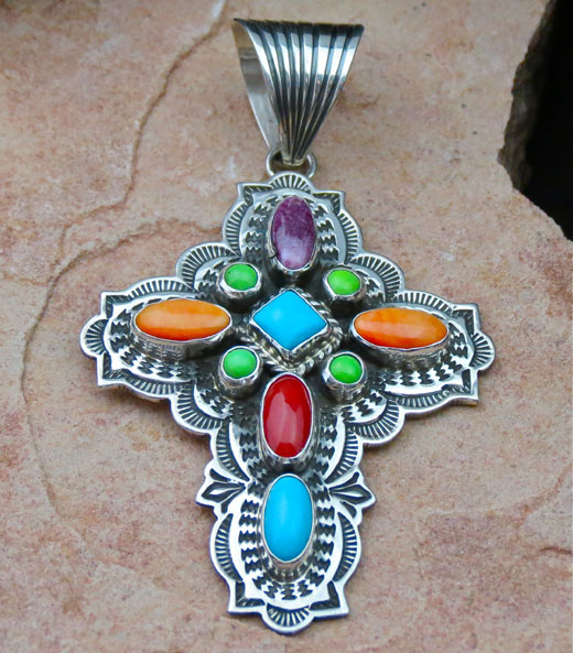 Navajo Solid Sterling Silver Cross Pendant- Orange and Purple Spiny Oyster Shell, Red Coral, Gaspeite and Sleeping Beauty Turquoise