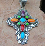 Genuine Navajo Sterling Silver Cross Pendant- Spiny Oyster Shell, Coral, Gaspeite and Turquoise