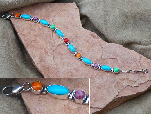Sterling Silver Link Bracelet with Sleeping Beauty Turquoise, Gaspeite, Red Coral, Orange, Purple Spiny Oyster Shell