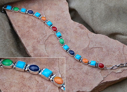 Sterling Silver Link Bracelet with Sleeping Beauty Turquoise, Gaspeite, Red Coral, Orange, Purple Spiny Oyster Shell