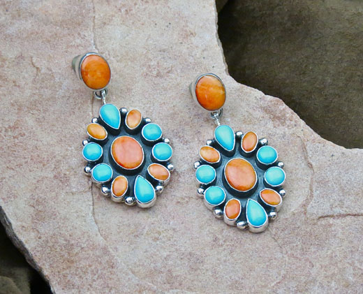 Sterling Silver Turquoise, Orange Spiny Oyster Earrings