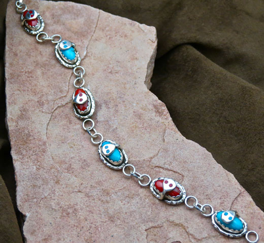 Sterling Silver Link Bracelet with Sleeping Beauty Turquoise, Red Coral