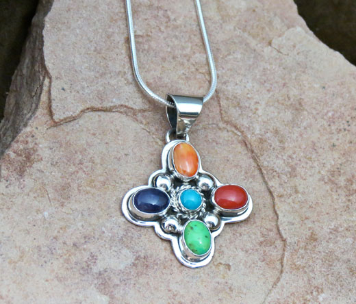 Navajo Solid Sterling Silver Pendant- Turquoise, Coral, Gaspeite, Spiny Oyster Shell
