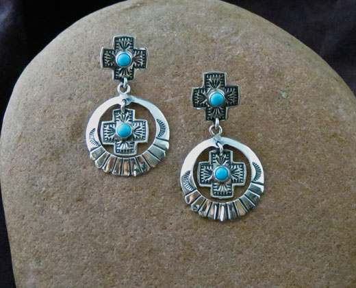 Sterling Silver Sleeping Beauty Turquoise Cross Earrings