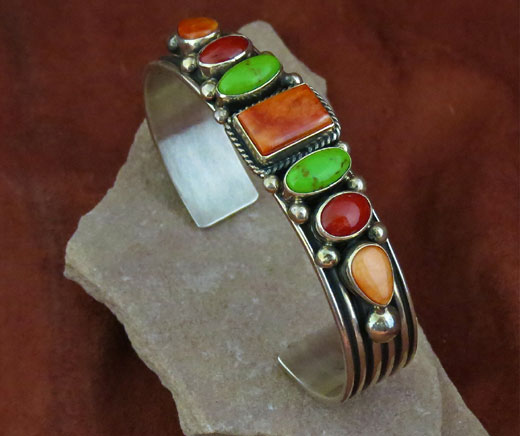 Orange Spiny Oyster Gaspeite and red Coral Sterling Silver Navajo Bracelet
