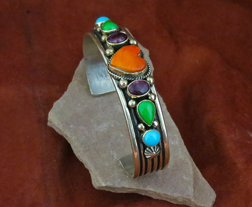 Heart Bracelet, Orange Spiny Oyster Gaspeite Turquoise
