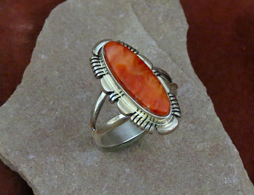 Navajo Silver Ring Orange Spiny Oyster 
      Shell