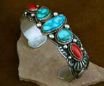 Sterling Silver Navajo Bracelet with Turquoise, Coral