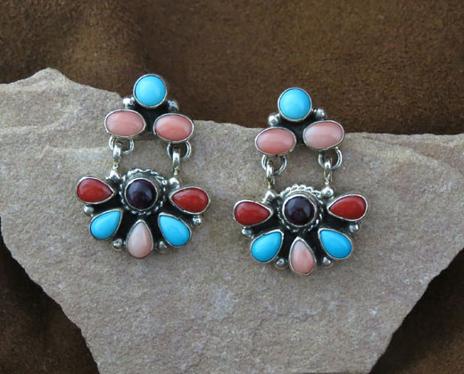 Sterling Silver Earrings- Sleeping Beauty Turquoise, Red and Pink Coral, Purple Spiny Oyster Shell