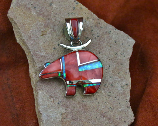 Navajo Solid Sterling Silver Red Spiny Oyster Shell Bear Pendant