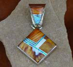 Genuine Navajo Sterling Silver Pendant- Red Spiny Oyster Shell and Opal