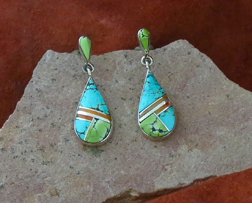 Sterling Silver Earrings- Turquoise and Orange Spiny Oyster shell