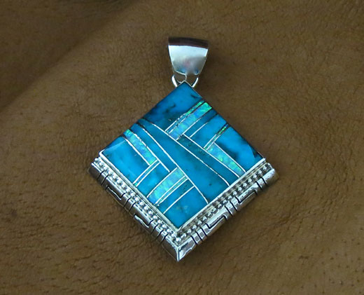 Navajo Solid Sterling Silver Turquoise and Opal Pendant