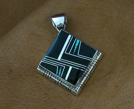 Navajo Solid Sterling Silver Black Onyx and Opal Pendant