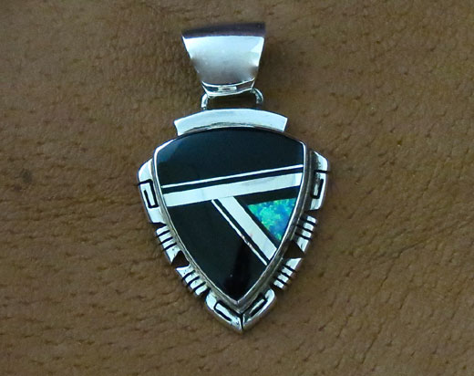 Navajo Solid Sterling Silver Black Onyx and Opal Pendant