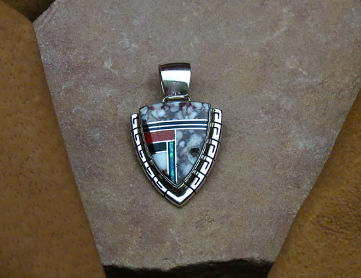 Navajo Solid Sterling Silver Magnasite, Coral and Opal Pendant