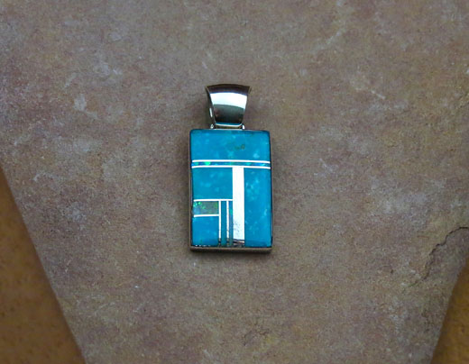 Navajo Solid Sterling Silver Water Mark Turquoise and Opal Pendant