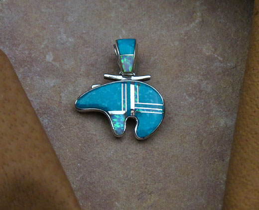 Navajo Solid Sterling Silver Water Mark Turquoise and Opal Bear Pendant