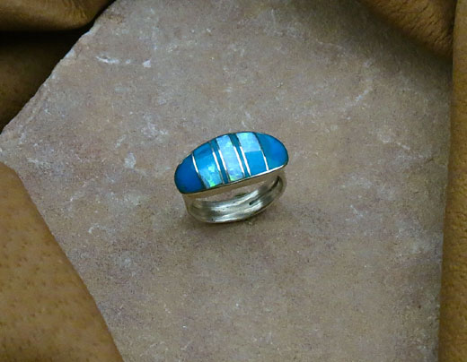 Navajo Silver Ring Sleeping Beauty Turquoise and Cultured Opal