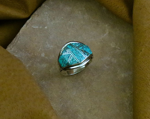 Navajo Silver Ring Spider Web Turquoise and Cultured Opal