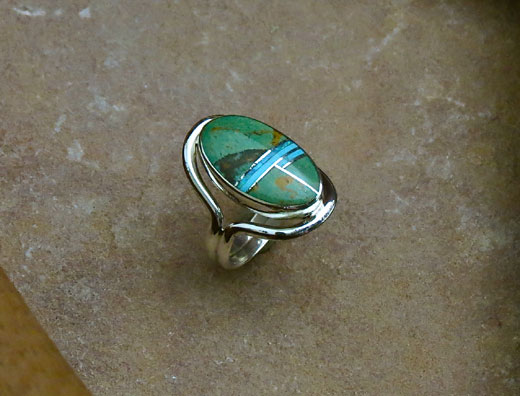 Navajo Silver Ring Green Turquoise and Cultured Opal