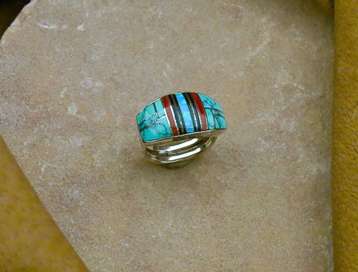 Navajo Silver Ring Turquoise, Cultured Opal,
Red Coral and Black Onyx