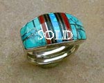 Genuine Navajo Sterling Silver Turquoise, Cultured Opal, Coral and Black Onyx Ring