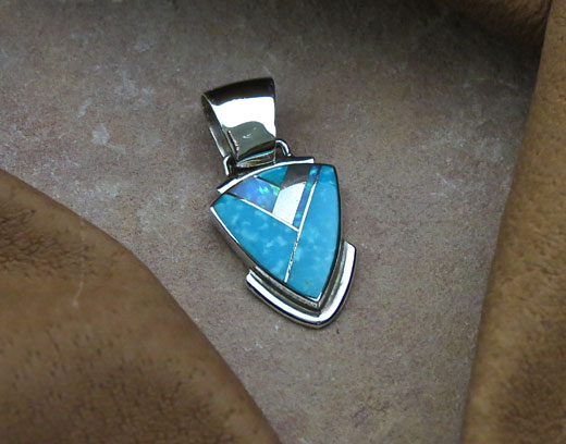 Navajo Solid Sterling Silver Water mark Turquoise and cultured opal Pendant